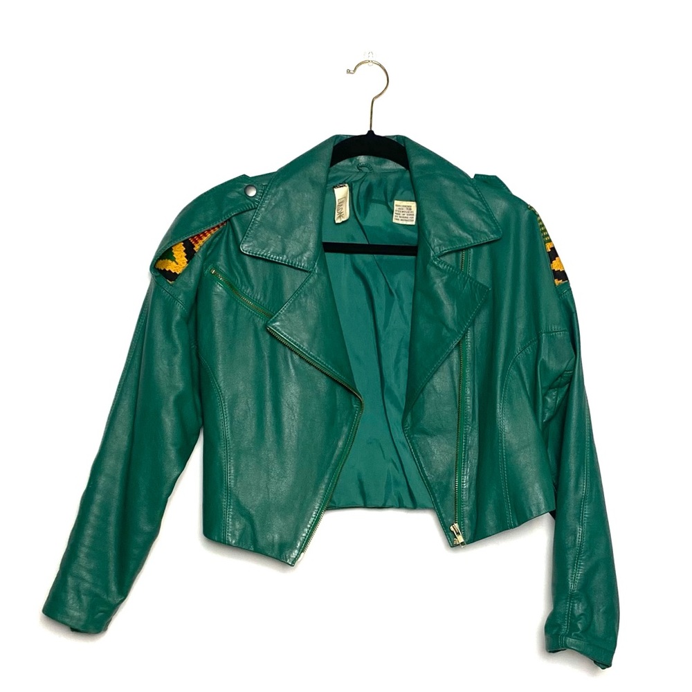 Vintage leather jacket with Kente embellishments